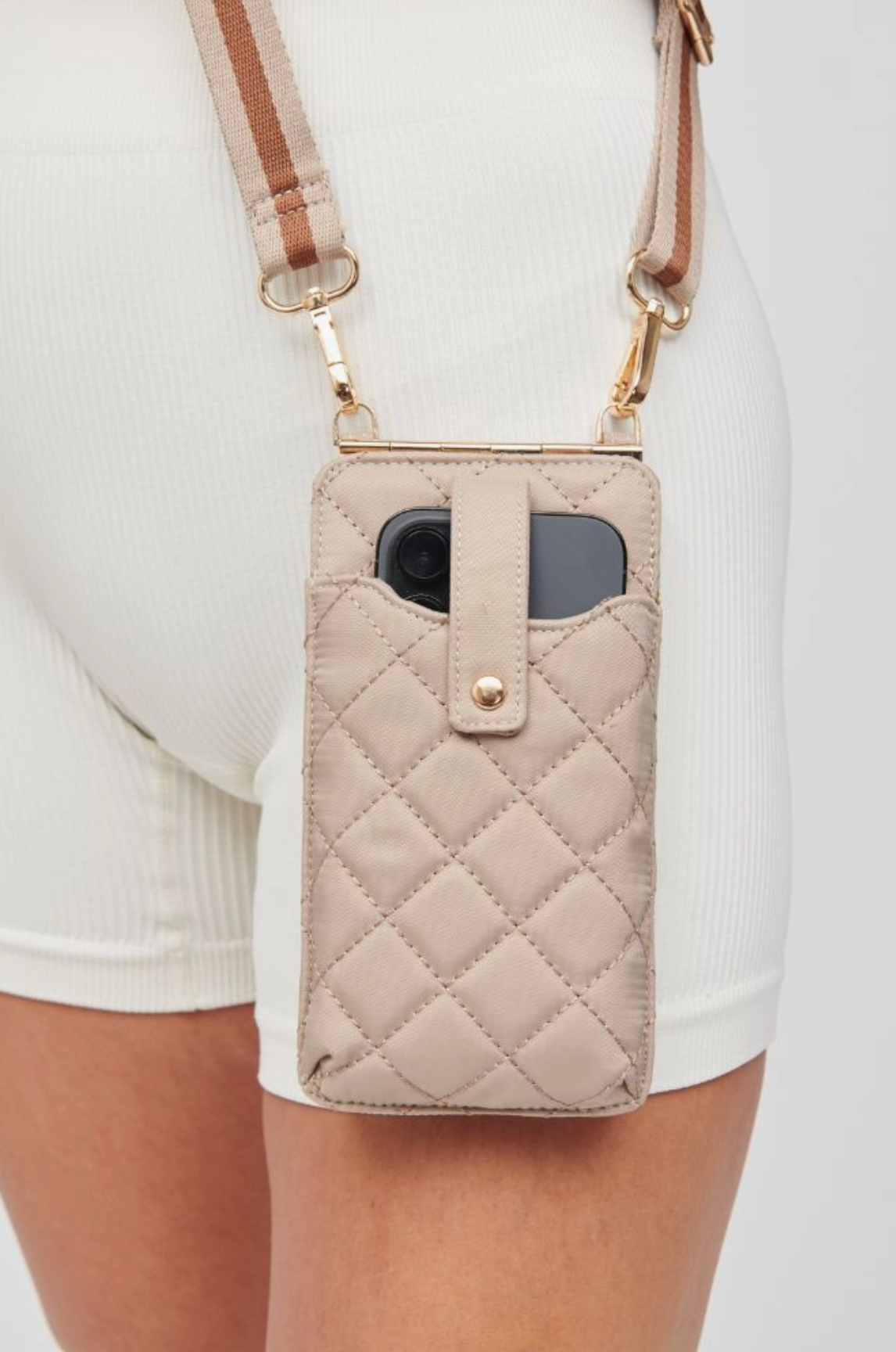 Zhuri Quilted Cell Phone Crossbody Bag | Tan